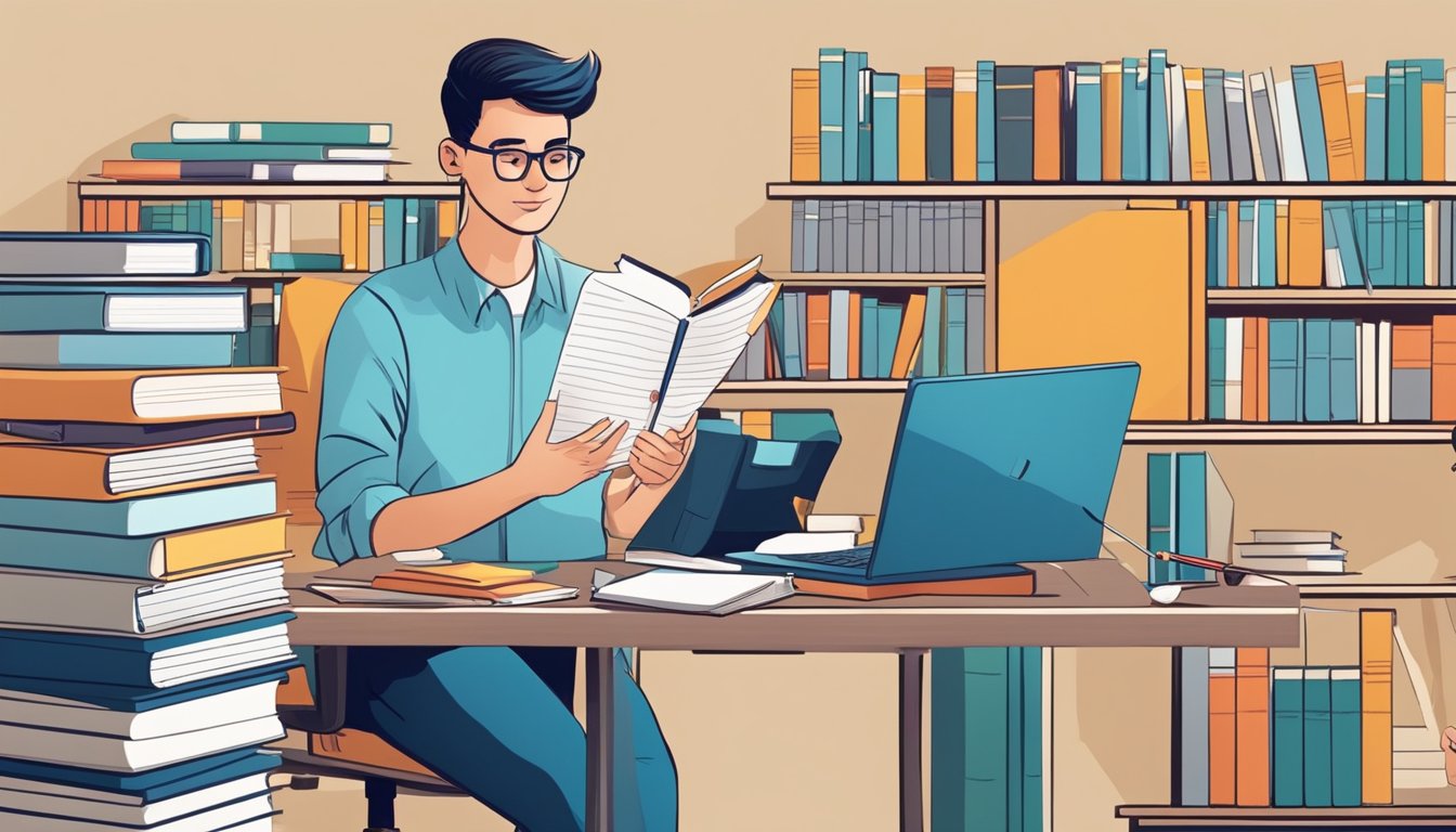 A student sits at a desk, surrounded by books and study materials. A tutor stands nearby, explaining a concept with enthusiasm