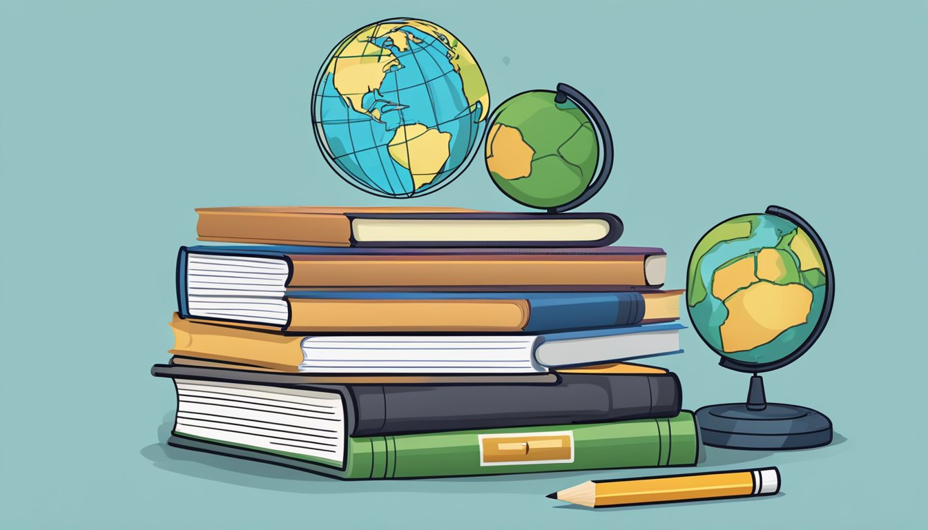 A stack of books with "Frequently Asked Questions" on top, surrounded by a globe, pencil, and calculator
