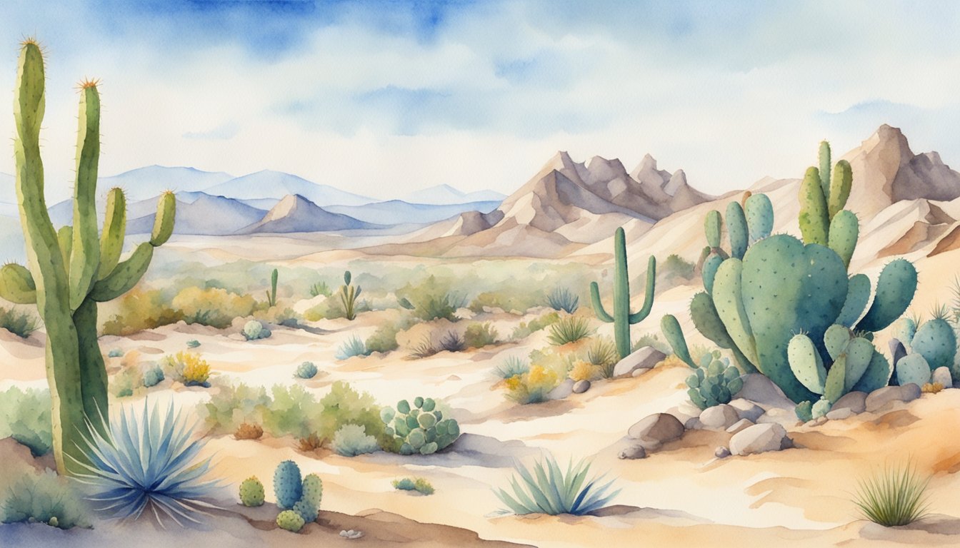 A desert landscape with cacti, diverse plant life, and small animals like lizards and insects.</p><p>Sand dunes and rocky terrain with a clear blue sky above