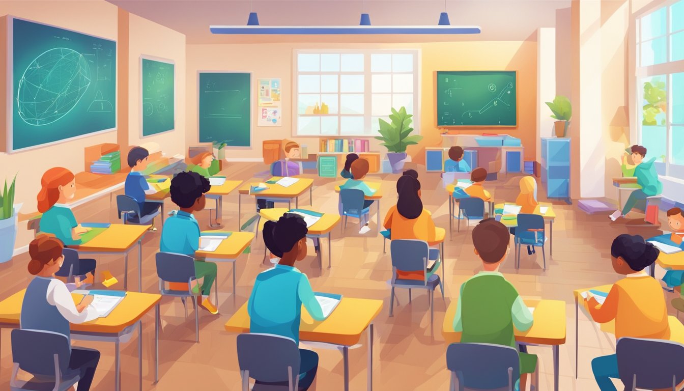 Maths Tuition Singapore: Boost Your Grades with Expert Help A bright classroom with students engaged in interactive math activities, surrounded by colorful educational materials and technology tools