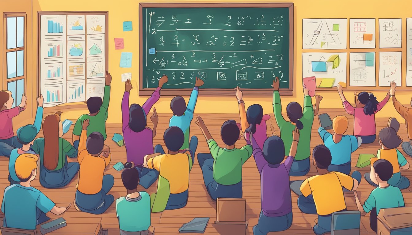 Maths Tuition Singapore: Boost Your Grades with Expert Help A colorful chalkboard filled with math equations and diagrams, surrounded by eager students raising their hands