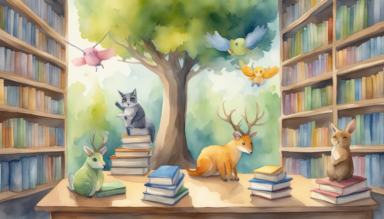 Colorful animals in a library, reading books upside down.</p><p>A talking tree with glasses.</p><p>Books flying off shelves