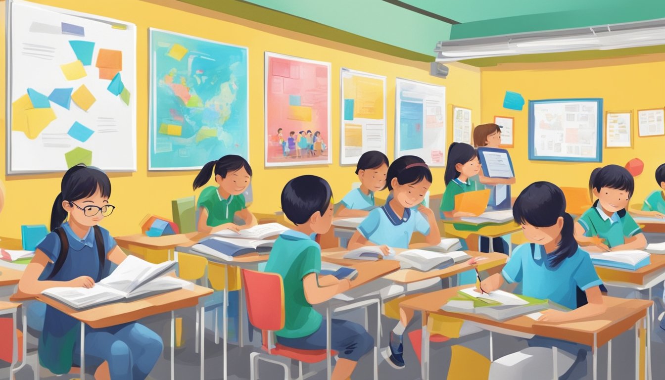 A bustling Yishun tuition centre with students engaged in learning, tutors providing guidance, and colorful educational materials adorning the walls
