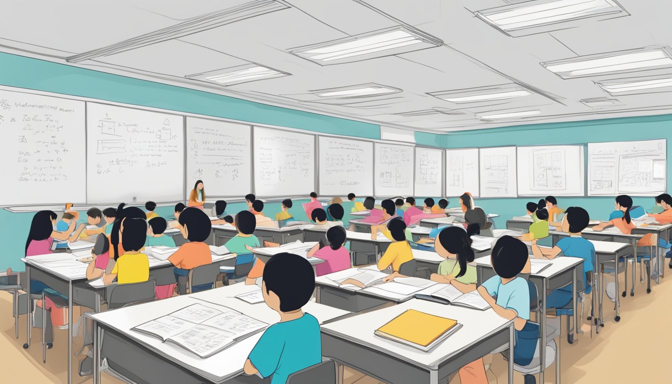 A bustling tuition center in Jurong East, with students studying, whiteboards filled with equations, and tutors guiding