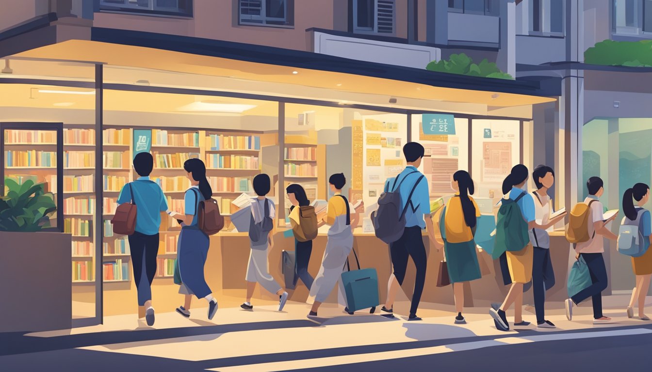 Students bustling in and out of Yishun tuition centres, carrying books and chatting excitedly. Brightly lit signboards advertise various subjects and academic levels