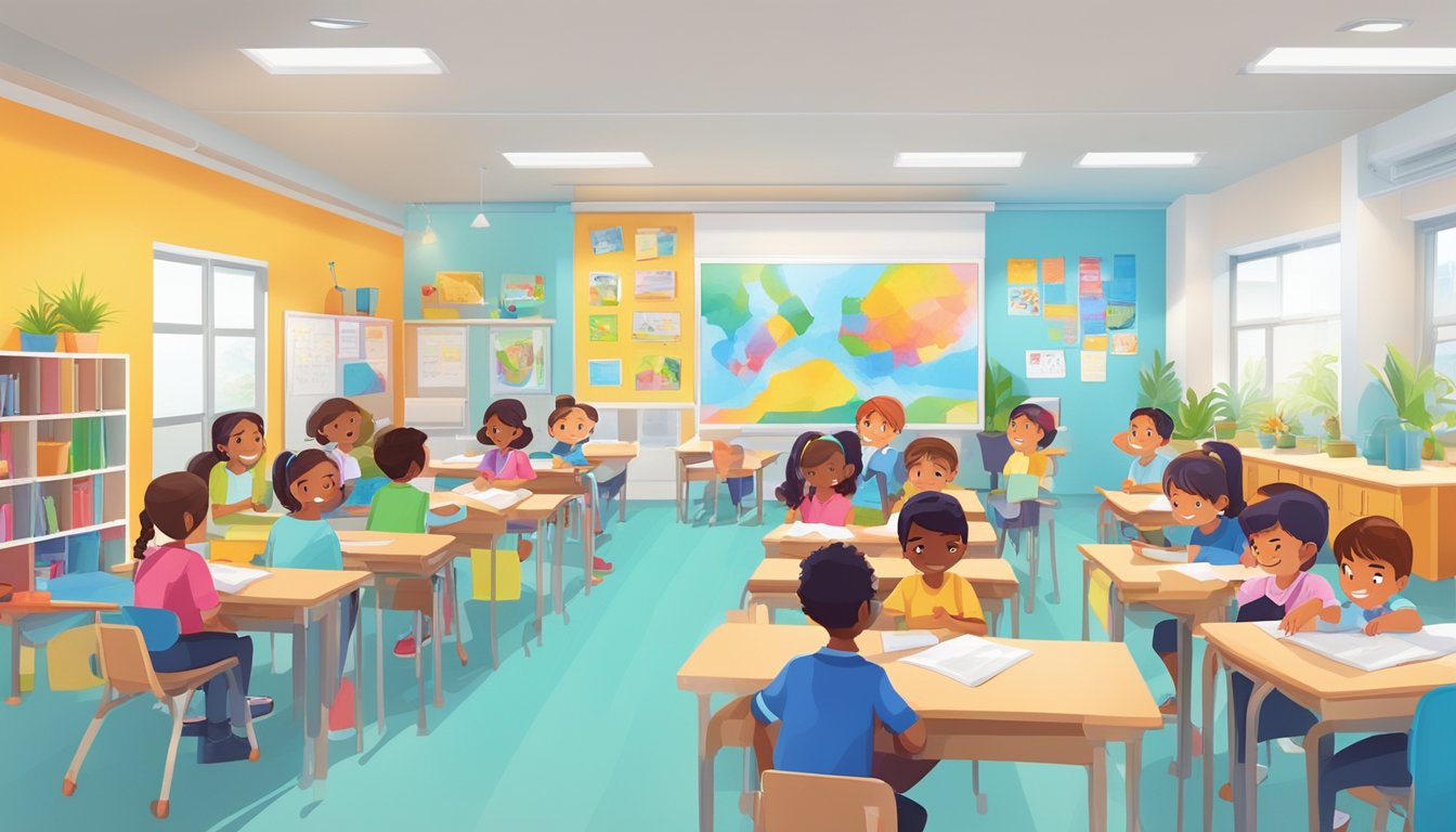 A bright and colorful classroom at Axcell Tuition Centre, with students engaged in interactive learning activities and creative projects