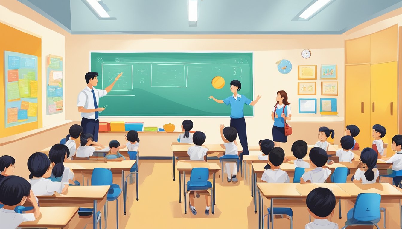 A bright and spacious classroom filled with engaged students and passionate teachers at a Yishun tuition centre. The walls are adorned with colorful educational posters and the room is filled with the sound of lively discussion and learning