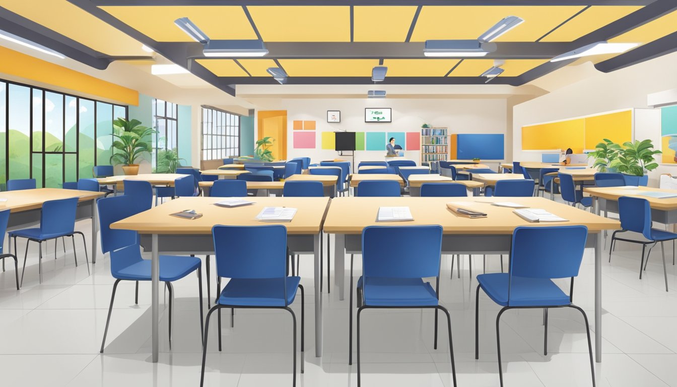A bright and welcoming tuition centre with a sign displaying "Frequently Asked Questions" in Yishun. Tables and chairs neatly arranged, with students engaged in learning activities