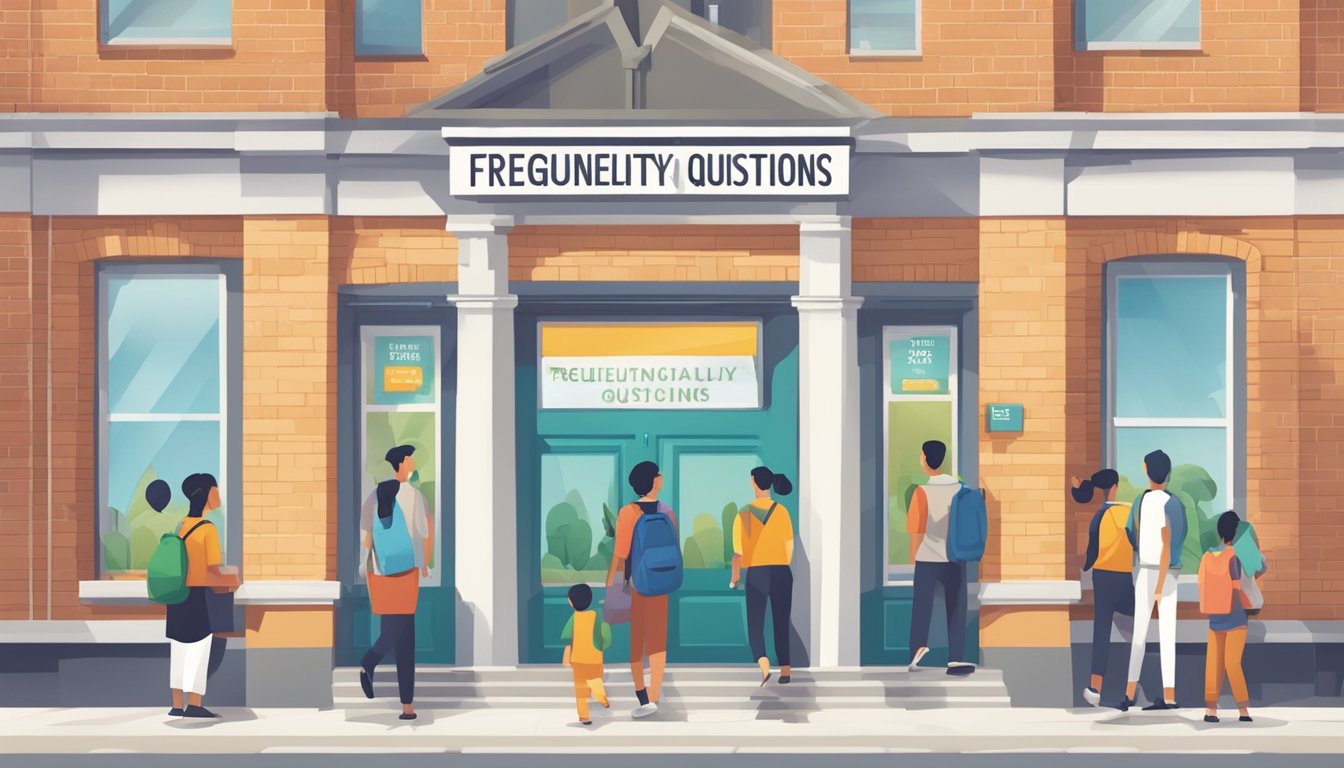 A brightly lit tuition centre with a sign reading "Frequently Asked Questions" in bold letters. Students and parents entering the building