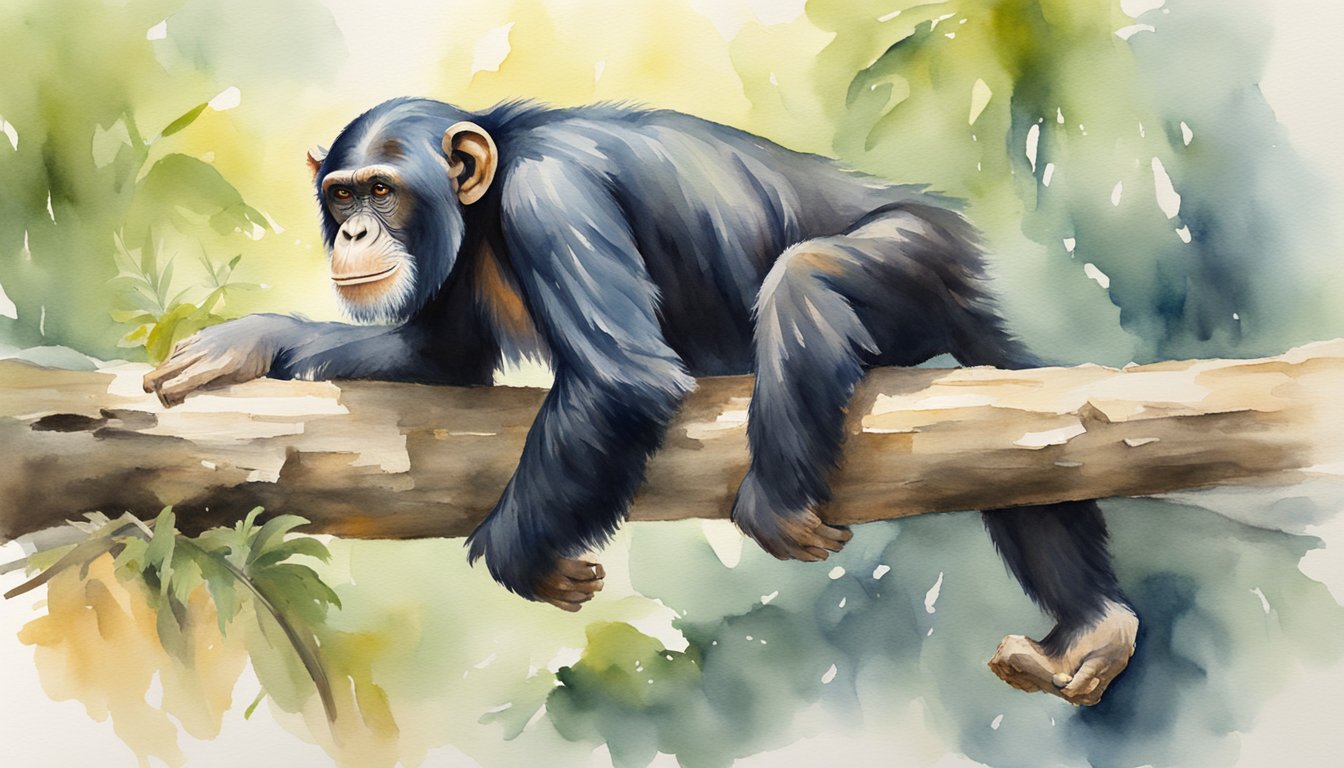 A chimpanzee effortlessly lifts a large log, showcasing its impressive strength