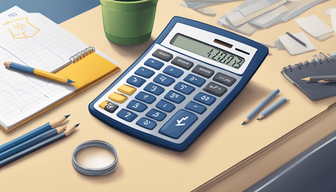 A calculator sits on a desk with a BYU logo in the background. A textbook and pencil are nearby