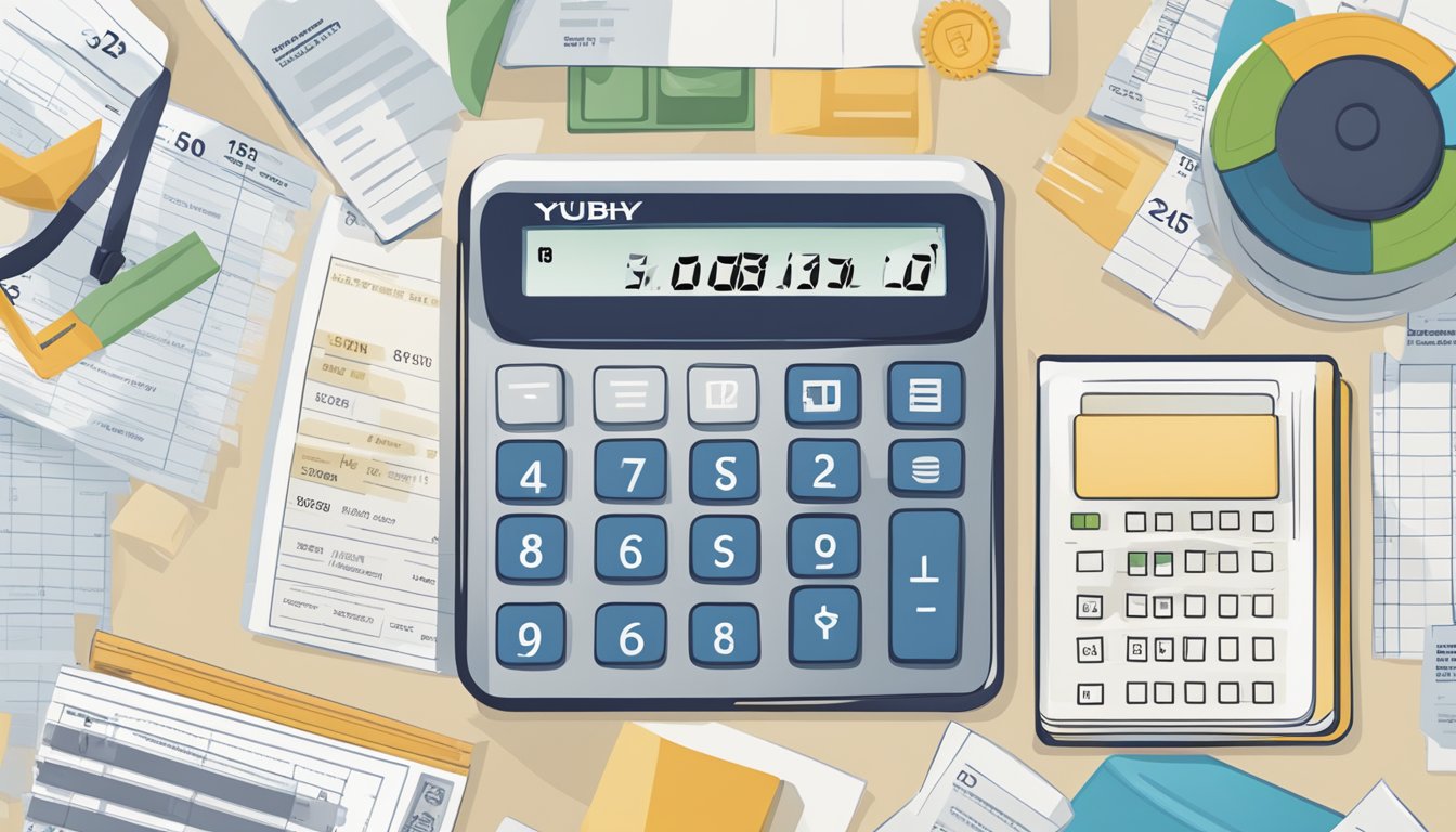 A calculator displaying BYU tuition and costs, surrounded by financial documents and a student ID card