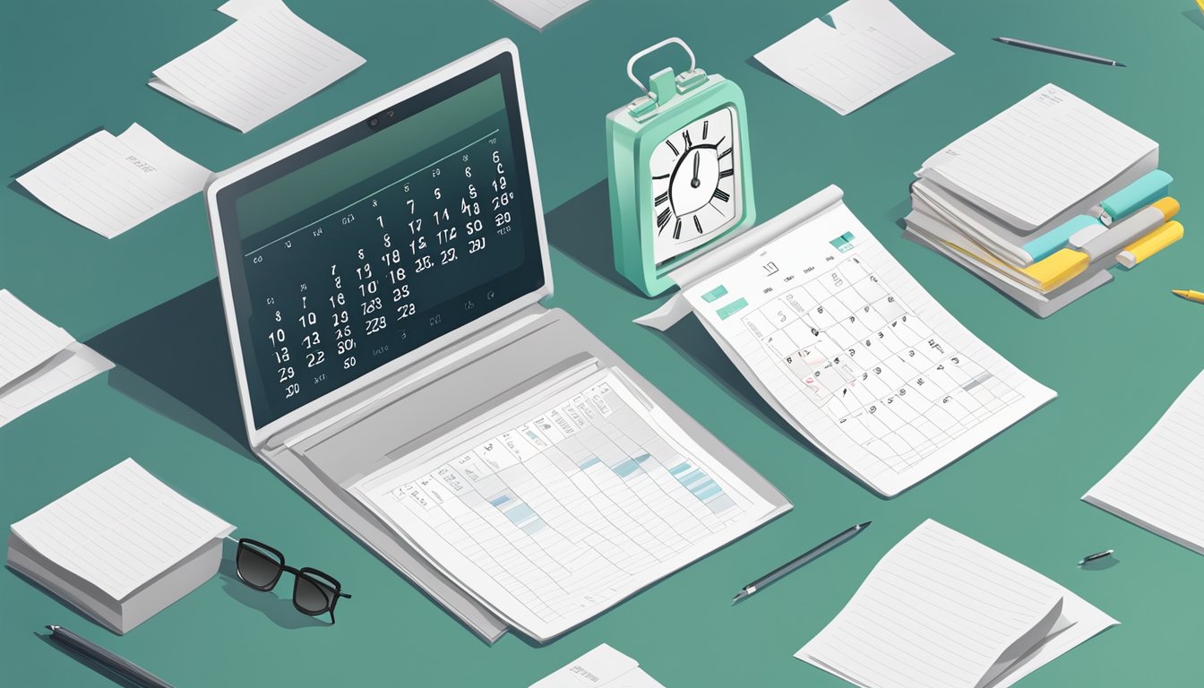 A calendar with highlighted dates and a clock ticking, surrounded by papers and a laptop with a deadline countdown