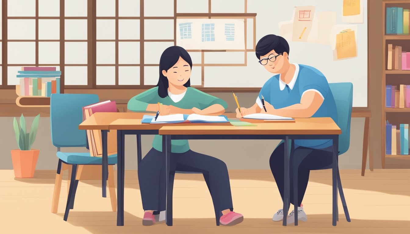 A teacher and student sit at a table with textbooks and writing materials, engaged in a one-on-one Chinese tuition session