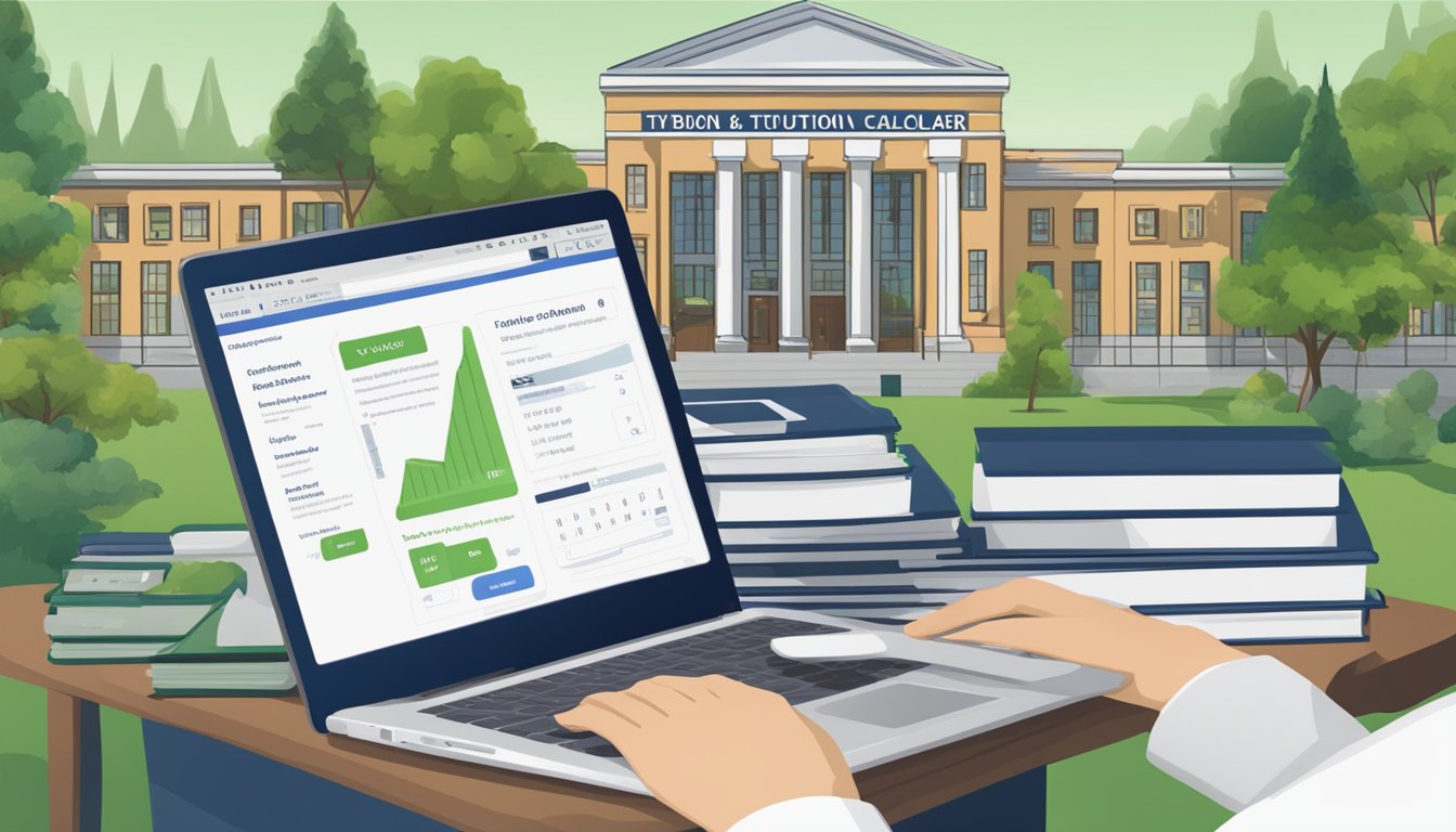 A laptop displaying a "BYU Tuition Calculator" webpage with various input fields and a button to calculate. The background shows a college campus setting with buildings and greenery