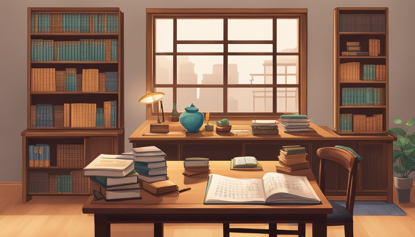 A cozy study room with a traditional Chinese calligraphy set, a stack of textbooks, and a teacher