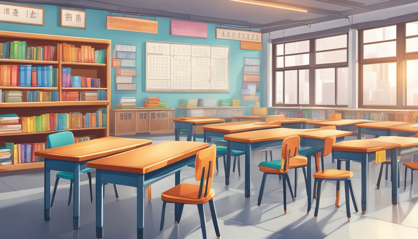 Chinese Tuition Centre: Boost Your Child's Grades with Expert Guidance Brightly lit Chinese tuition centre with colorful posters, desks, and chairs. Whiteboard with Chinese characters, bookshelves filled with textbooks. Students