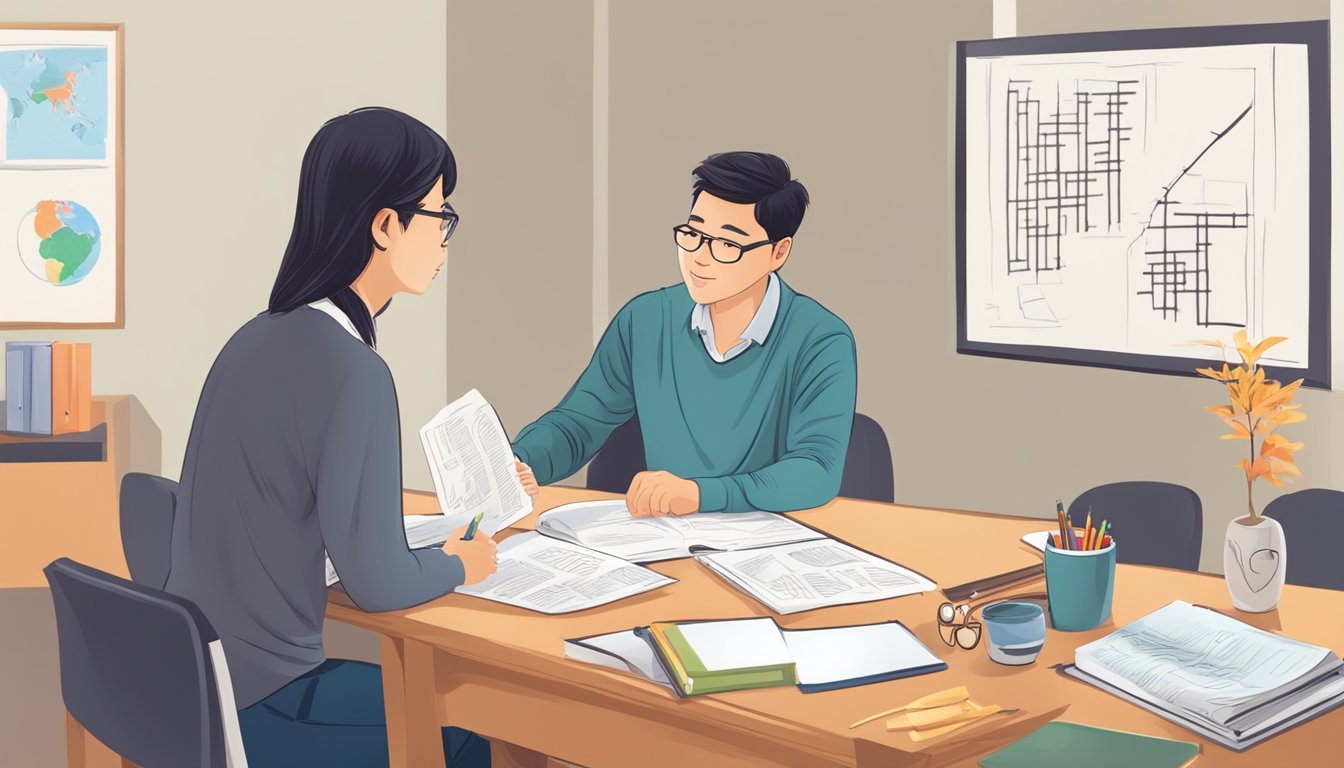 A student and a tutor discussing Chinese language concepts in a one-on-one setting, with study materials and a whiteboard present