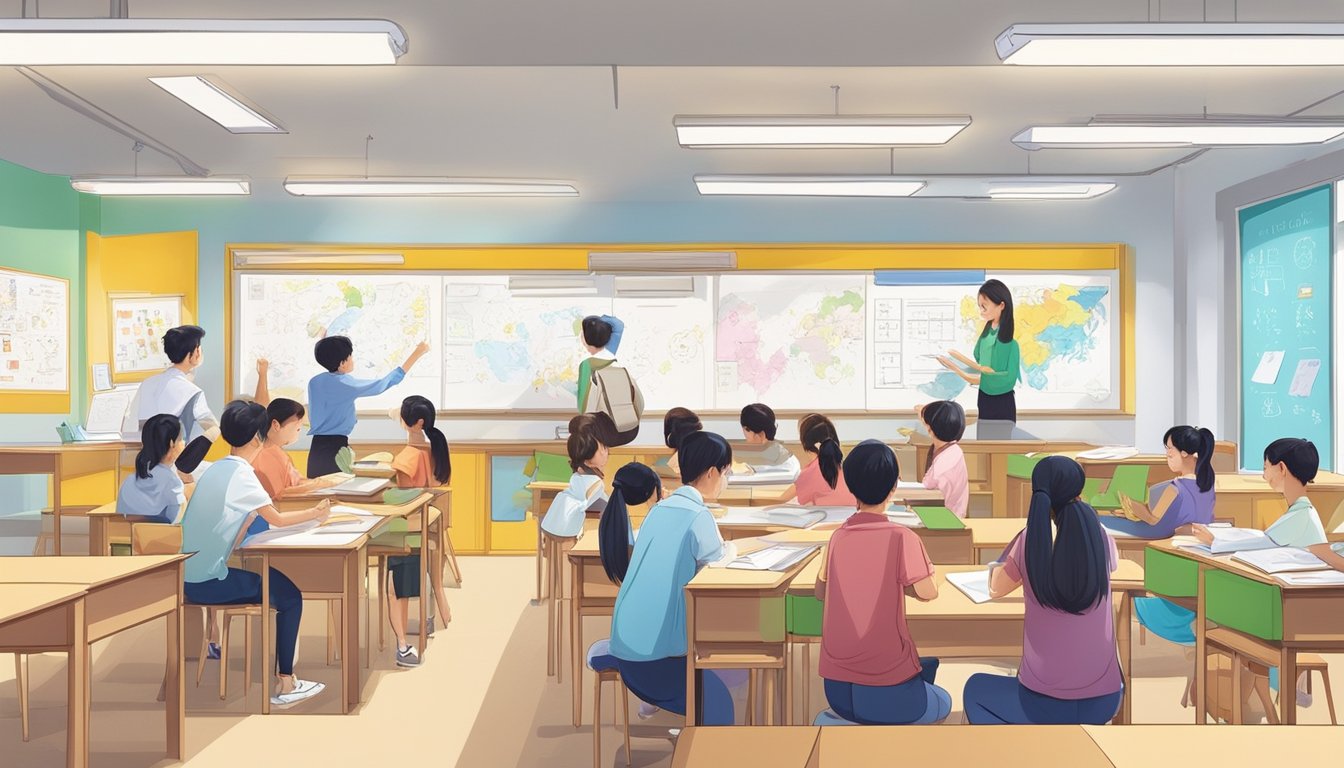 Chinese Tuition Centre: Boost Your Child's Grades with Expert Guidance Students studying in a bright, modern Chinese tuition centre in Singapore. Whiteboards, textbooks, and colorful posters adorn the walls. Teachers and students engage in lively discussions and activities