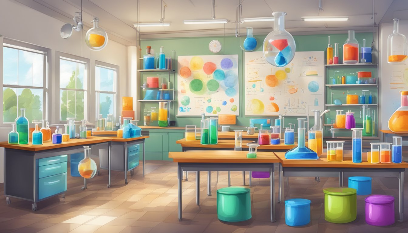 A classroom filled with colorful chemistry equipment and a whiteboard covered in formulas and diagrams