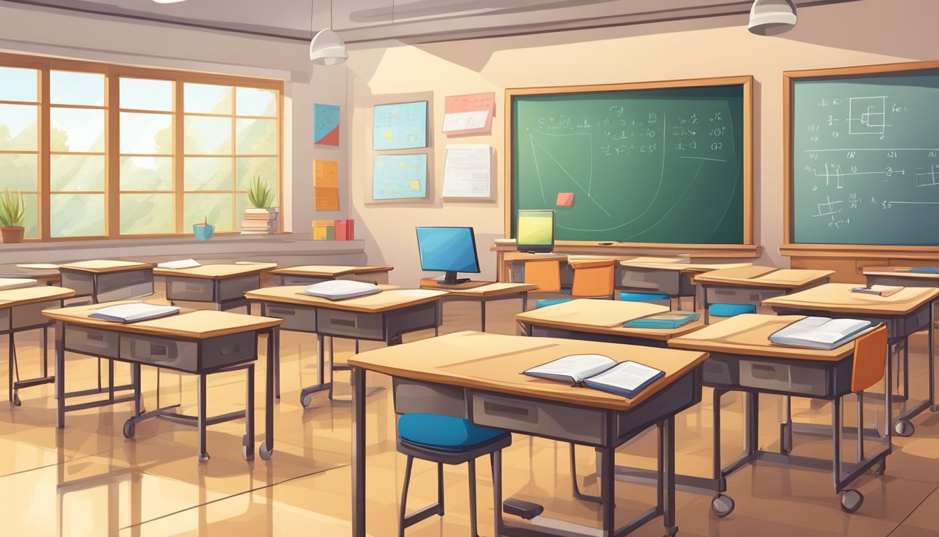 A bright classroom with a whiteboard filled with math equations. A teacher