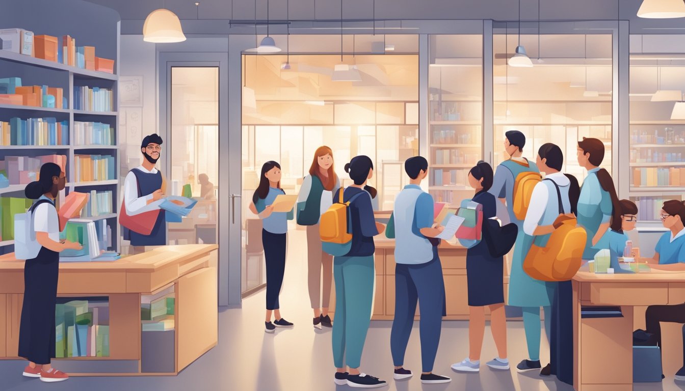 Students eagerly entering a modern, well-equipped chemistry tuition centre, greeted by friendly staff and surrounded by educational materials and resources