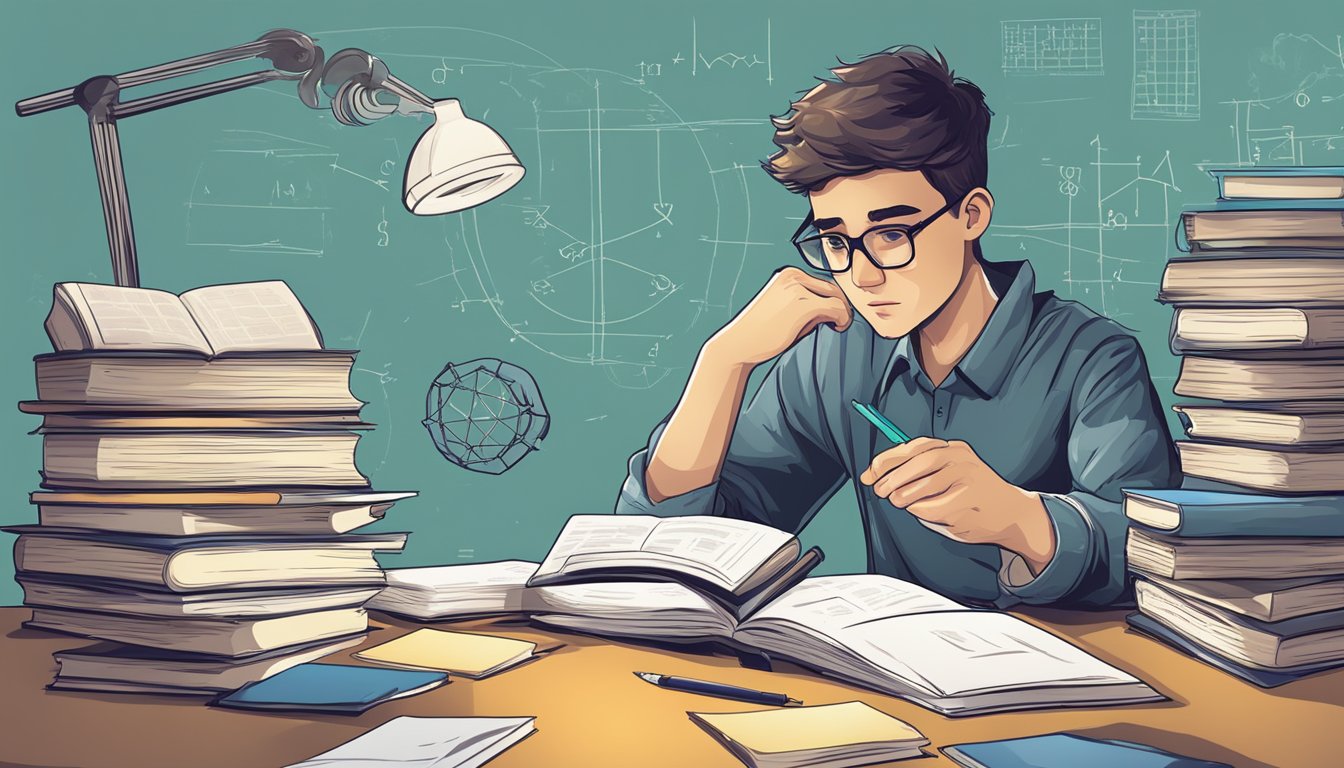 A student delves into H2 Mathematics, surrounded by textbooks, notes, and a calculator, with a determined expression