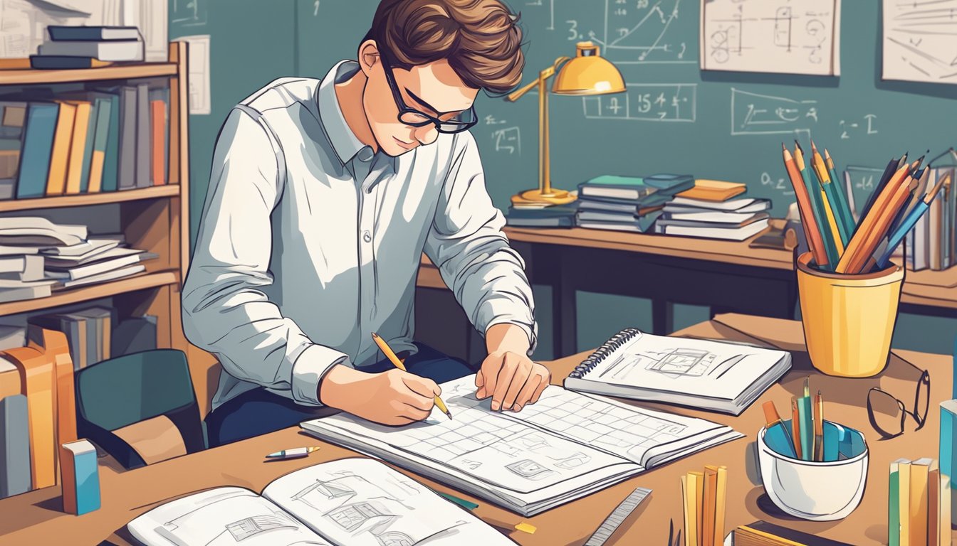 A student diligently works through complex math problems with the help of a tutor in a bright, organized study space