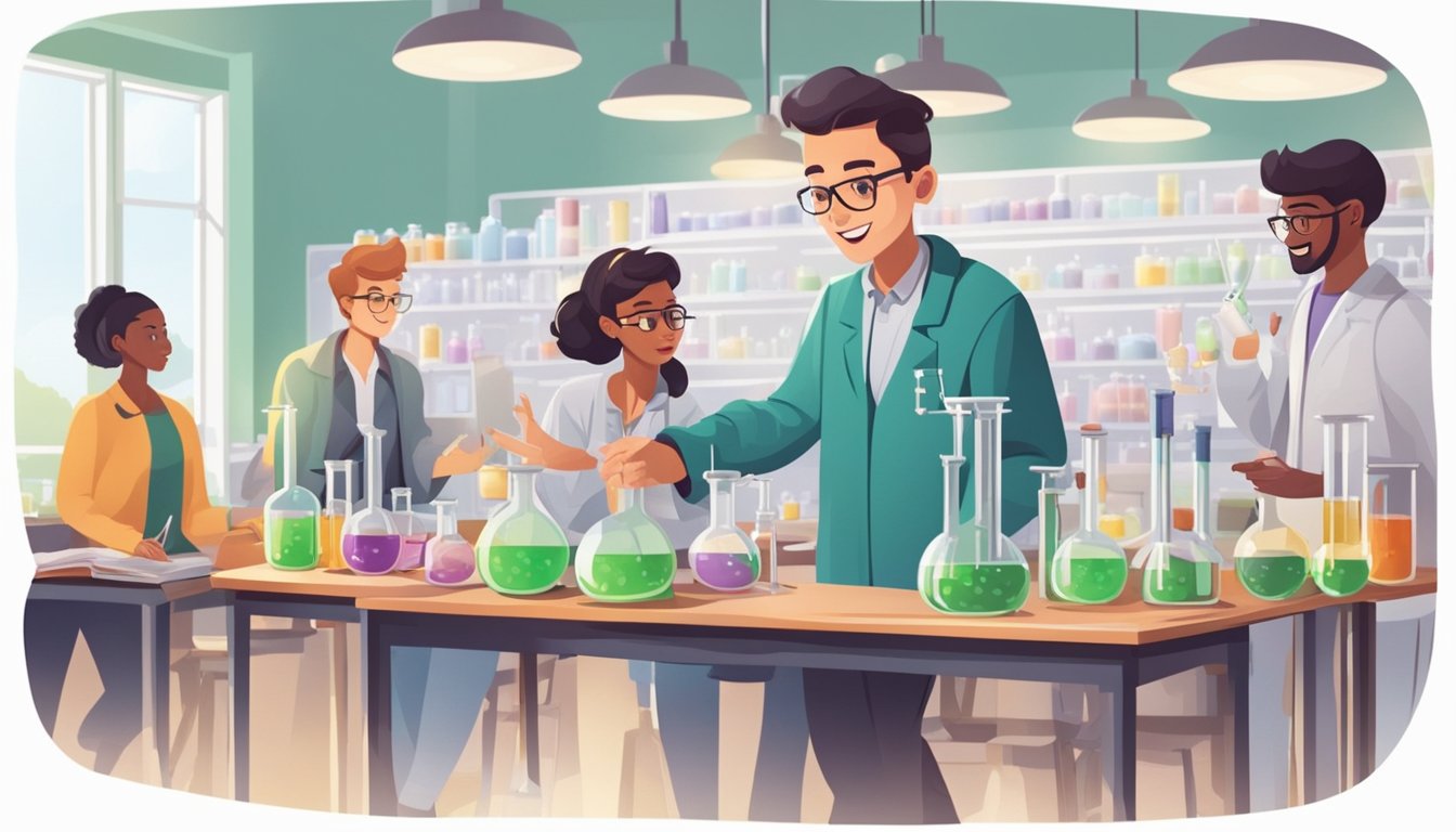 A chemistry tutor confidently explains concepts while students eagerly engage in the lesson, surrounded by textbooks and lab equipment