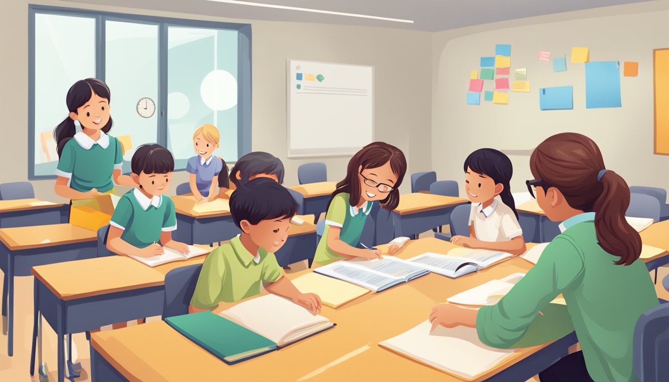 A group of primary 6 students engaged in interactive English tuition, with a teacher addressing their frequently asked questions