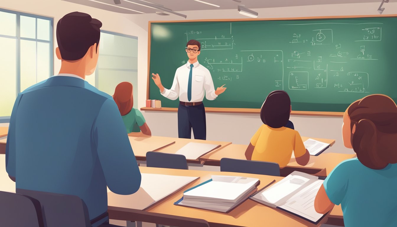 A classroom with a whiteboard, desks, and students engaged in a chemistry lesson. A tutor stands at the front, answering questions from attentive students