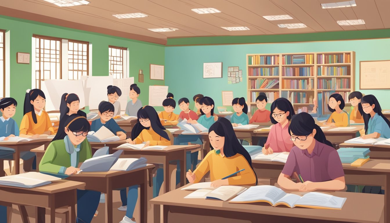 Chinese Tuition Centre: Boost Your Child's Grades with Expert Guidance A busy Chinese tuition centre with students studying, asking questions, and teachers explaining concepts. Books and study materials are scattered around the room