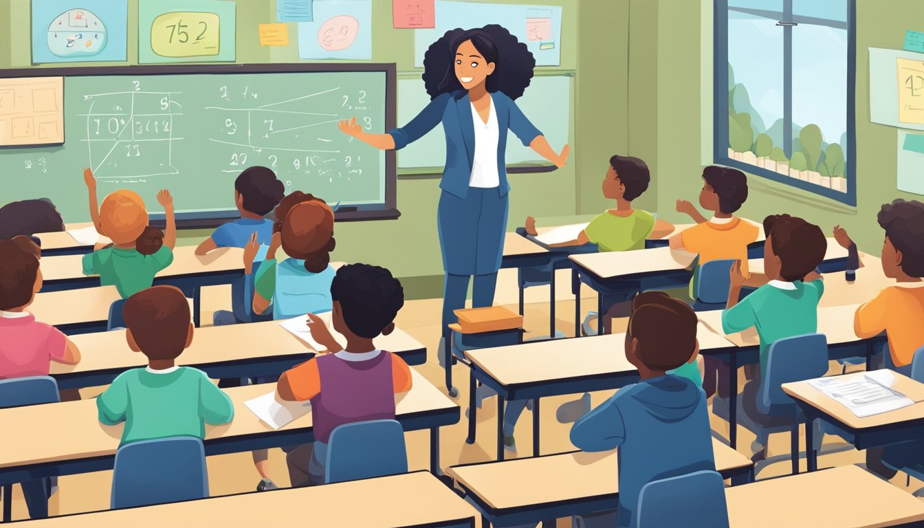 A classroom setting with a whiteboard and math equations, students raising hands, and a teacher addressing the class