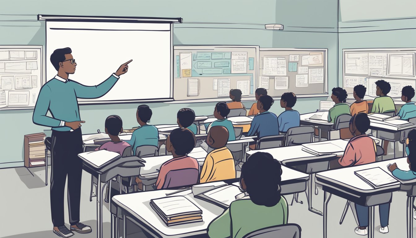 English Tuition Singapore: Boost Your Language Skills Today! A classroom filled with books, whiteboards, and desks. A teacher stands at the front, pointing to a grammar rule on the board
