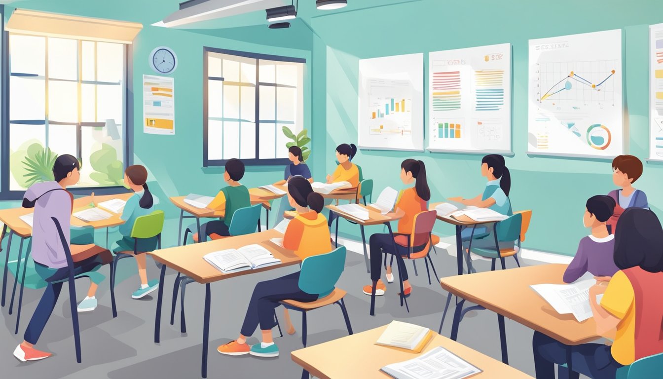 English Tuition Singapore: Boost Your Language Skills Today! Students studying in small groups at English tuition centres in Singapore. Whiteboards, textbooks, and colorful posters decorate the bright, modern classrooms