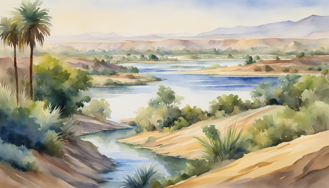 The mighty Nile River winds through the vast desert landscape, its waters teeming with diverse aquatic life.</p><p>The surrounding land is lush and fertile, providing a vital source of sustenance for the region