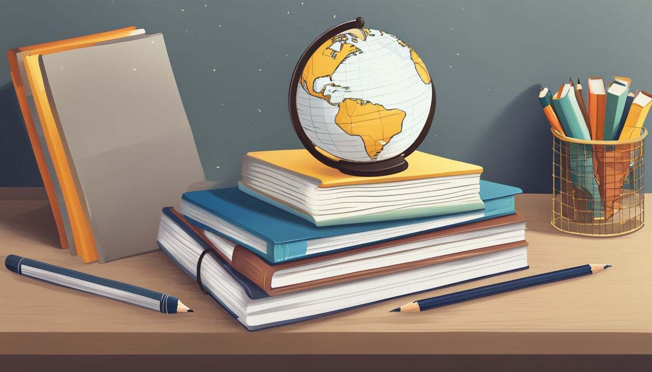 English Tuition Singapore: Boost Your Language Skills Today! A stack of books with "Frequently Asked Questions" on top, surrounded by a globe, pencil, and open notebook