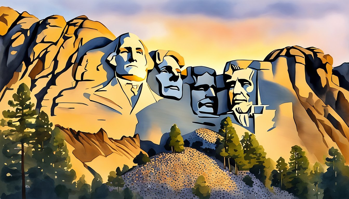 The sun sets behind the iconic faces of Mount Rushmore, casting a warm glow over the granite sculptures.</p><p>The surrounding landscape is dotted with pine trees, creating a serene and majestic atmosphere