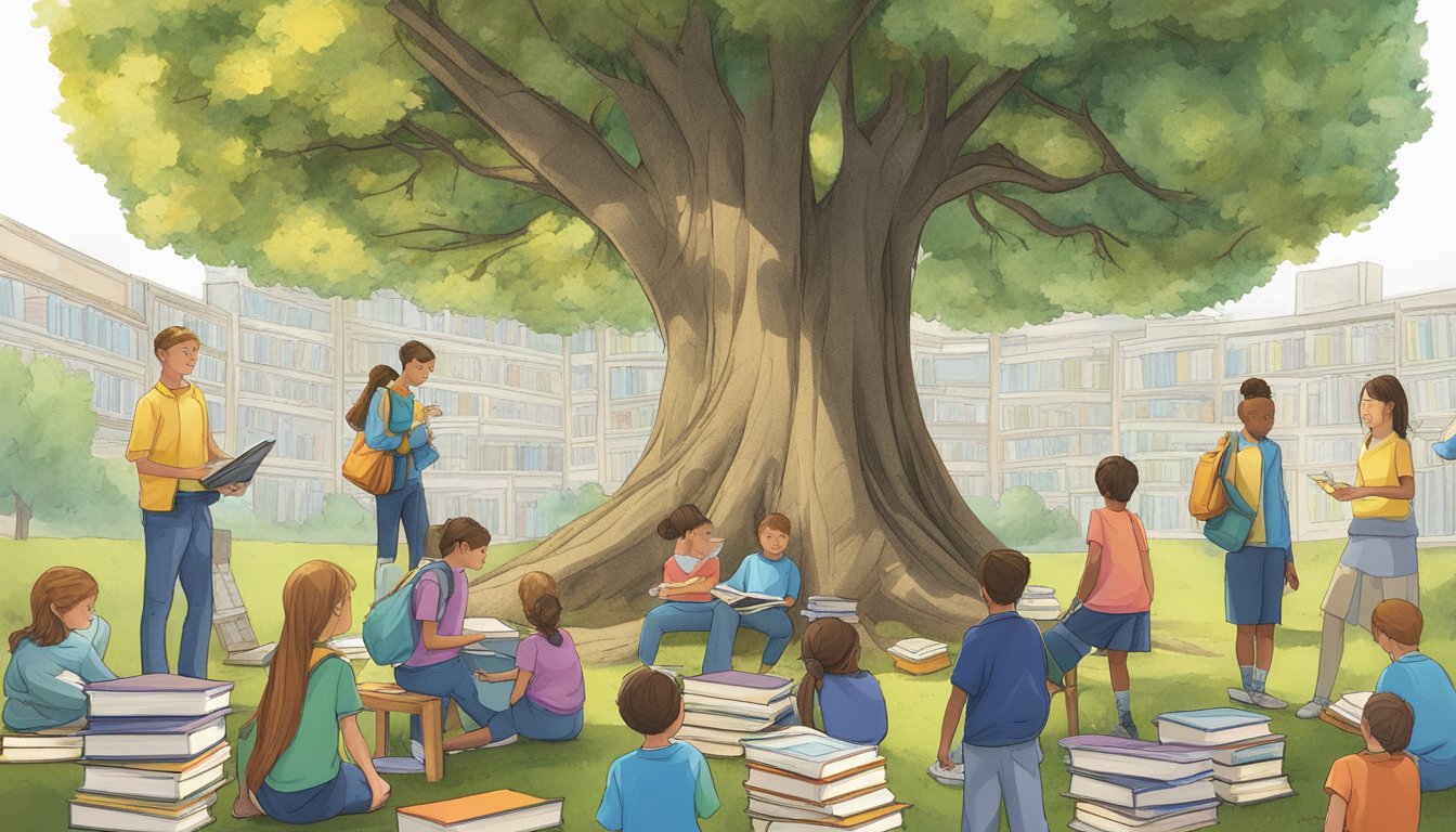 A tall tree with books for leaves, surrounded by eager students holding notebooks and pencils