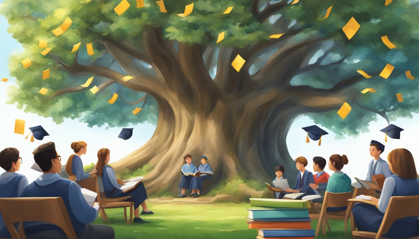 A large tree with branches bearing textbooks, pencils, and a graduation cap. A teacher and students gather around, engaged in discussion and learning