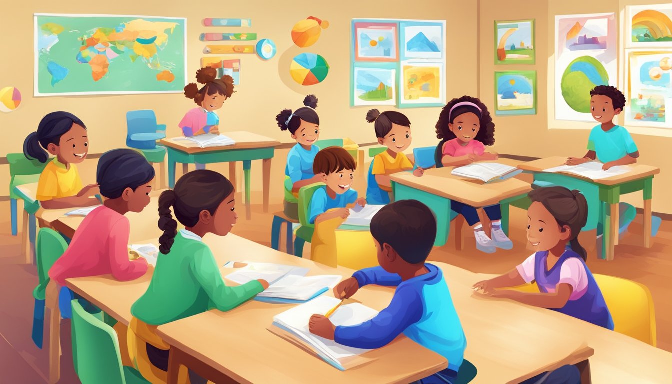 Children engaged in interactive English lessons, surrounded by colorful learning materials and engaging activities