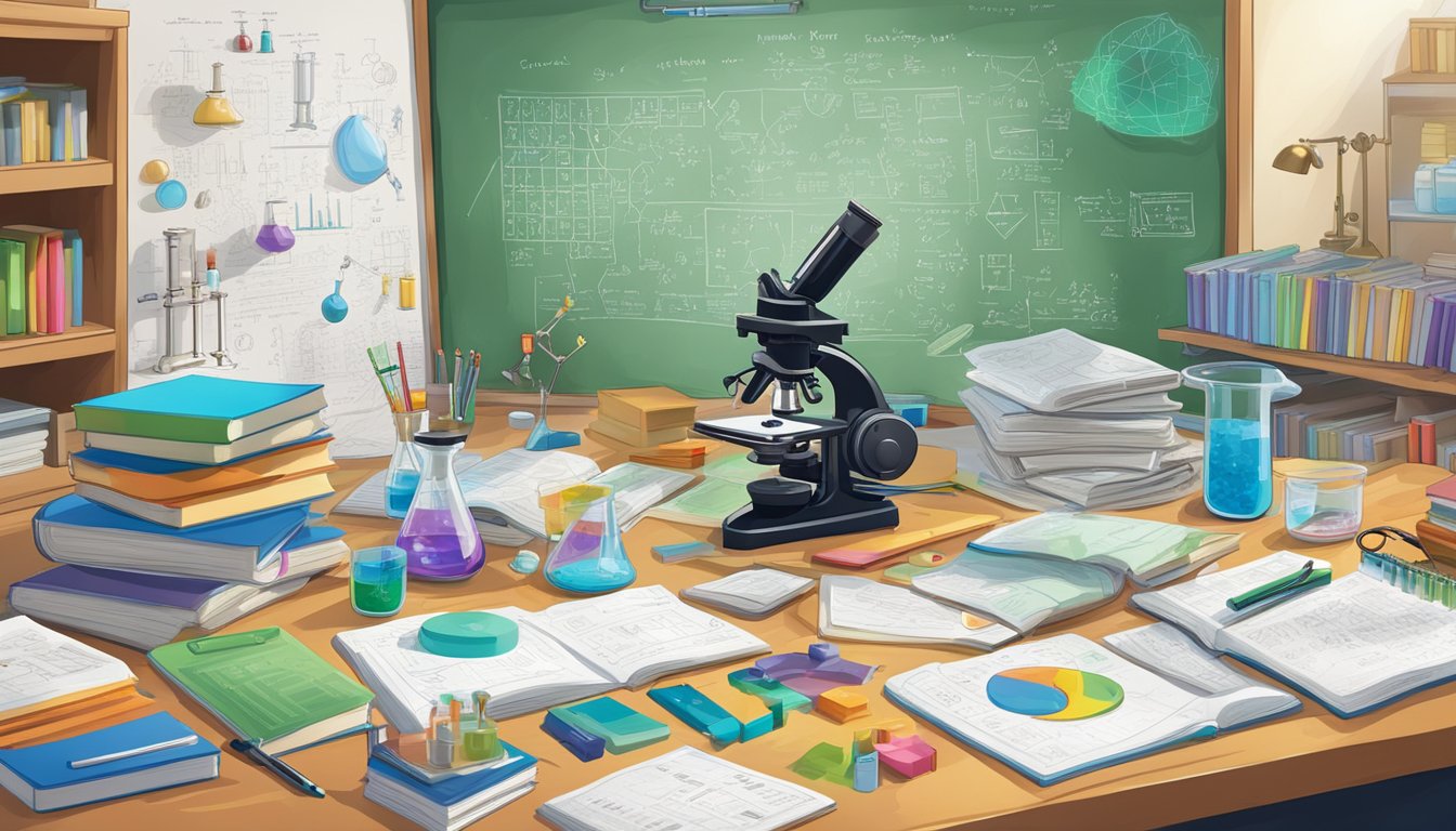 A cluttered desk with science textbooks, beakers, and a microscope. A whiteboard covered in formulas and diagrams. Brightly colored posters of the periodic table and scientific principles