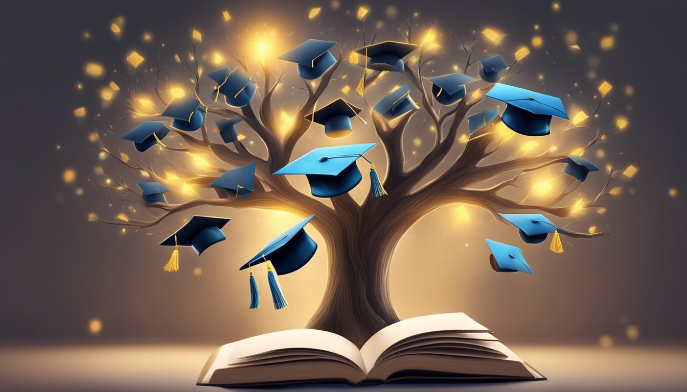A tree with branches bearing books and graduation caps, surrounded by a glow of light representing academic excellence and educational programs