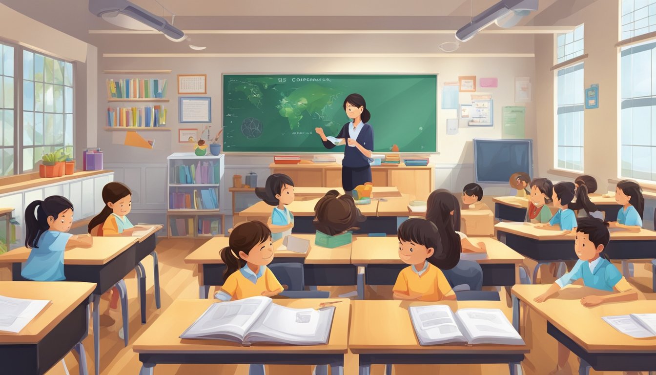 A classroom filled with science equipment and educational materials, with a teacher instructing students at Comprehensive Curriculum Coverage Miss Chen Science Tuition