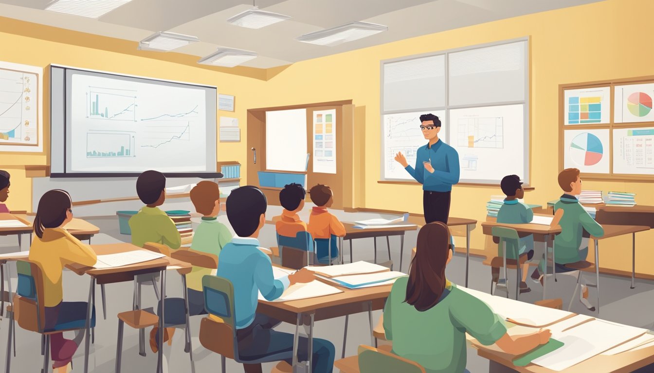 A classroom with desks, a whiteboard, and charts. A teacher explaining economic concepts to attentive students