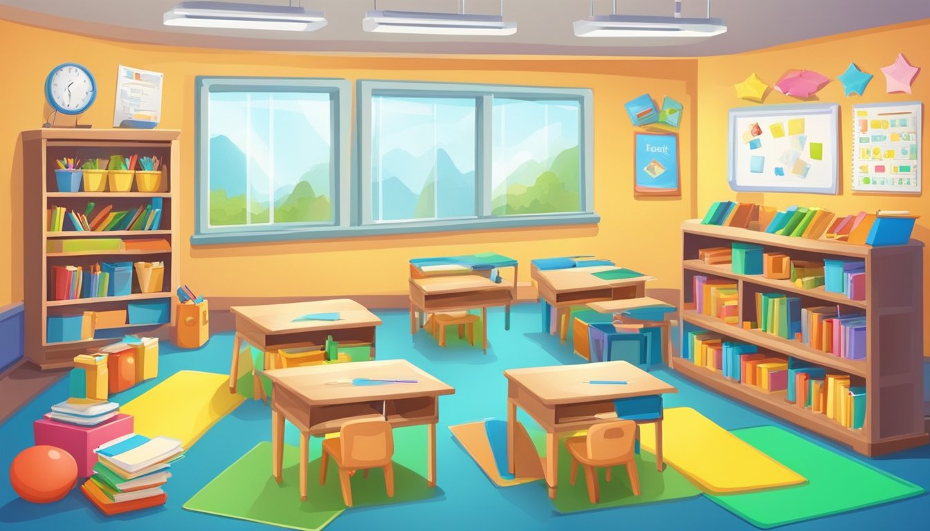 A colorful classroom with books, posters, and educational toys. A whiteboard displays English words and grammar rules. Bright, cheerful atmosphere