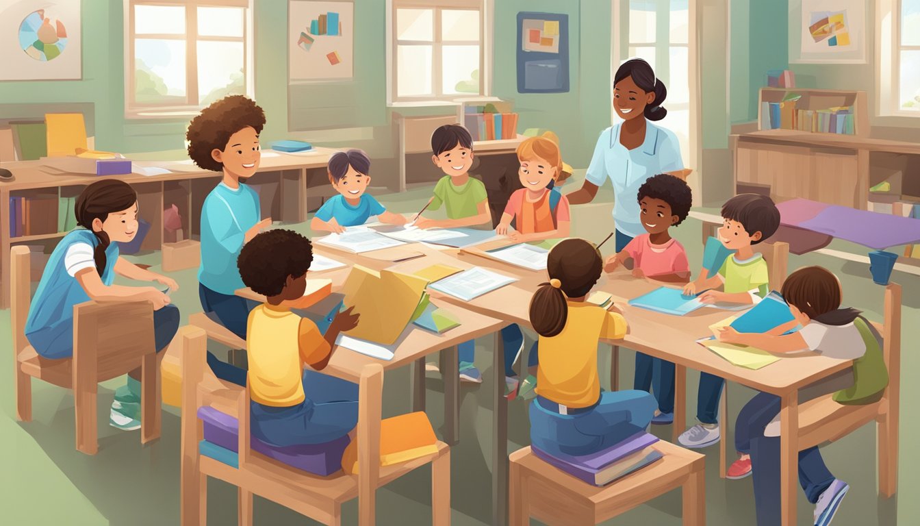 A group of children engaged in interactive learning activities with a tutor in an educational setting