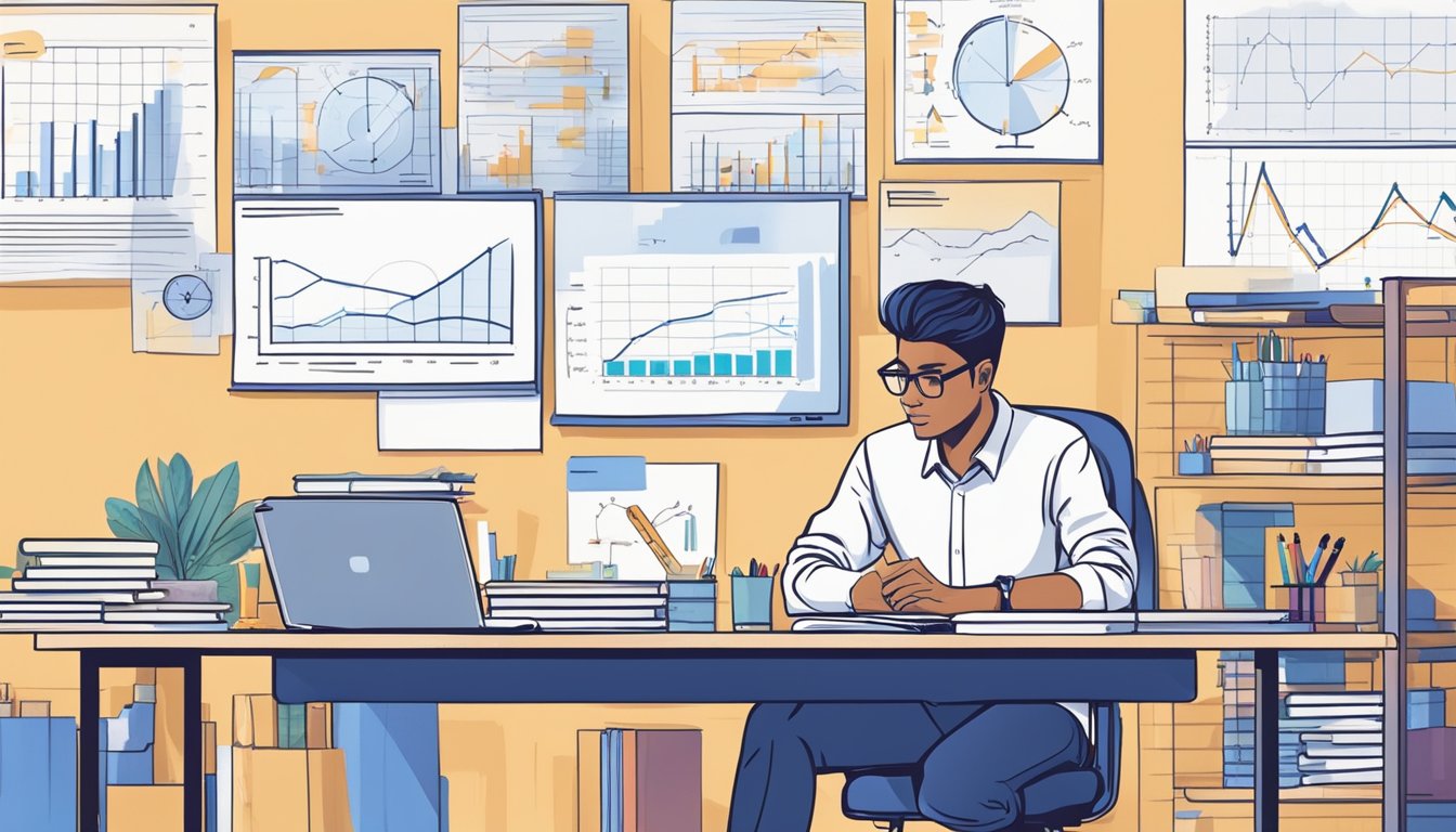 A student sits at a desk surrounded by textbooks, notes, and a laptop. Charts and graphs cover the walls, while a whiteboard displays complex economic concepts