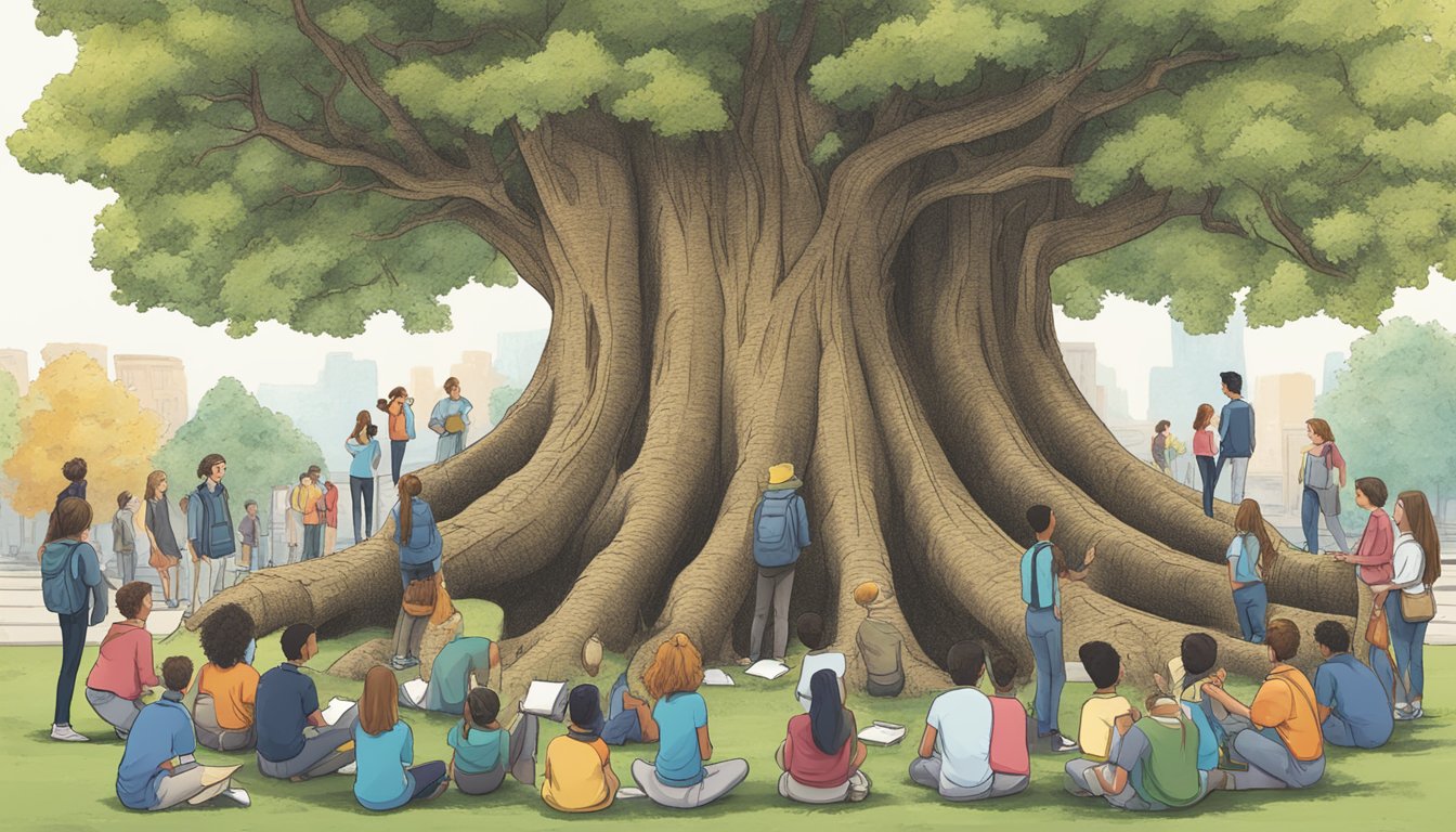 A large tree with "Frequently Asked Questions" carved into its trunk, surrounded by students seeking knowledge