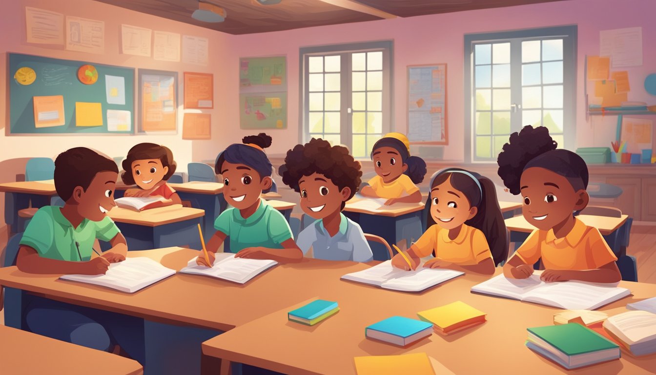 A group of children engaging in English tuition, asking questions and receiving guidance from a tutor in a vibrant and interactive classroom setting